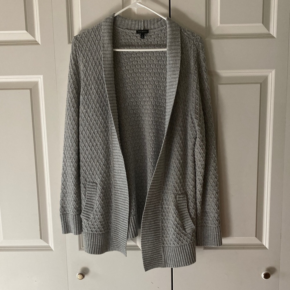 talbots womens open front cardigan gray Lg. nylon lambswoll blend cozy classic